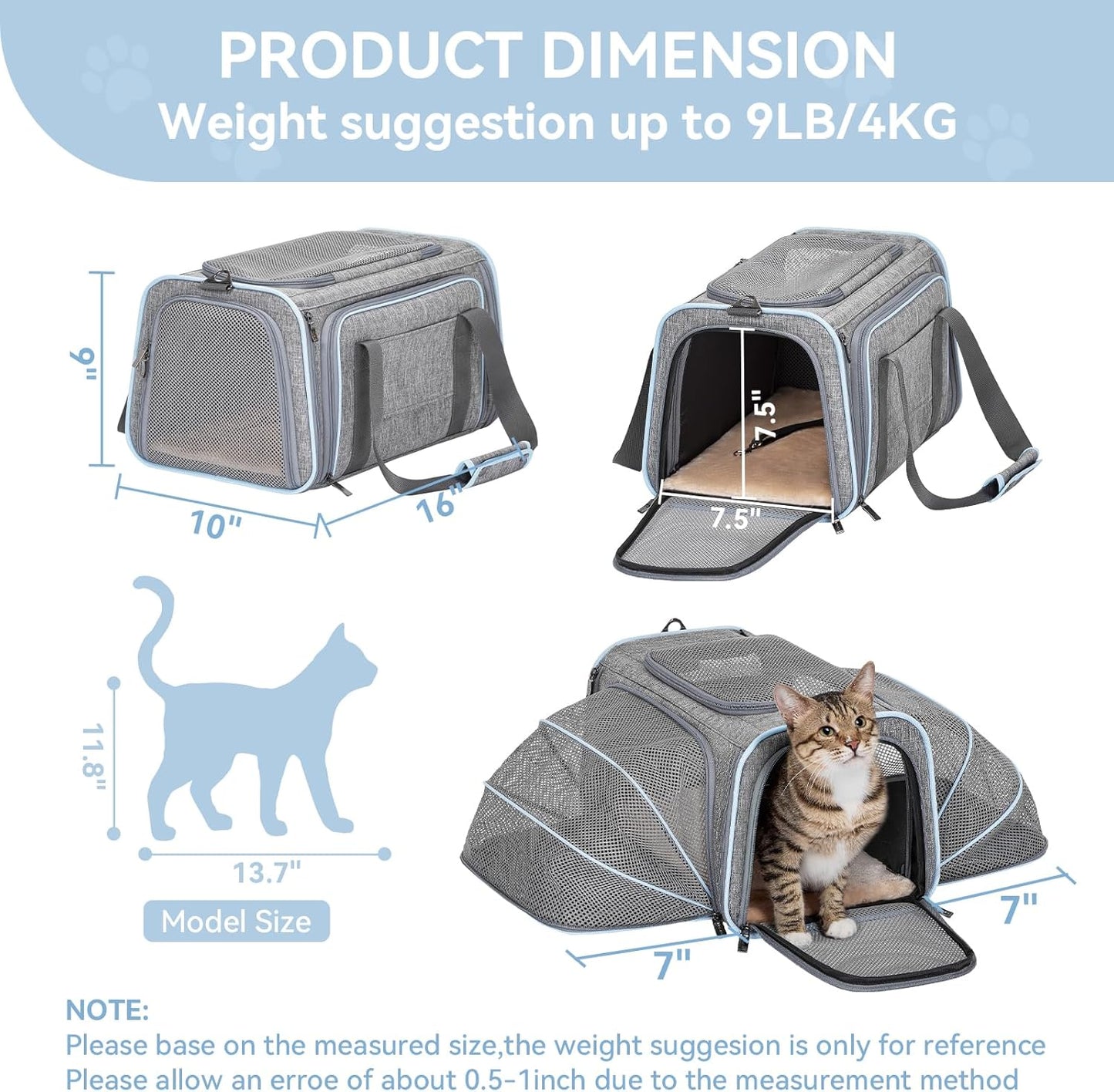 Expandable Small Cat Carriers Dog Carrier, Airline Approved Soft-Sided Portable Washable Pet Travel Carrier with Two Extension up to 9LB